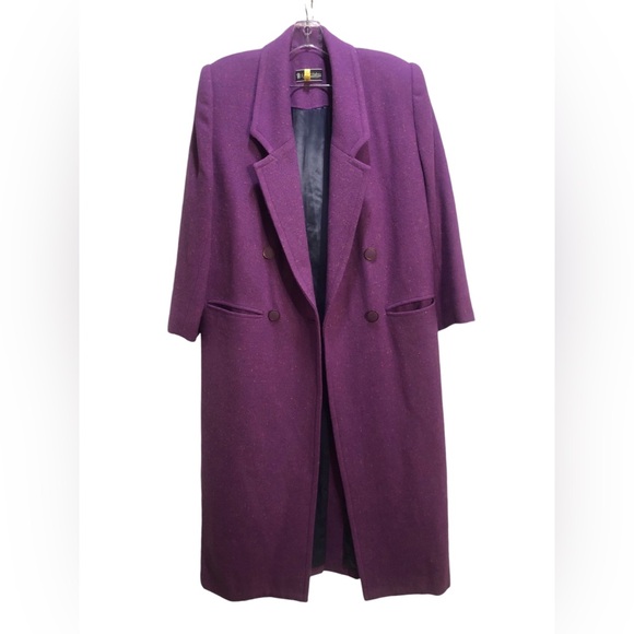 Vintage 80s Retro Purple Statement Full Oversized Wool Maxi Trench Coat Sz L - Picture 1 of 6